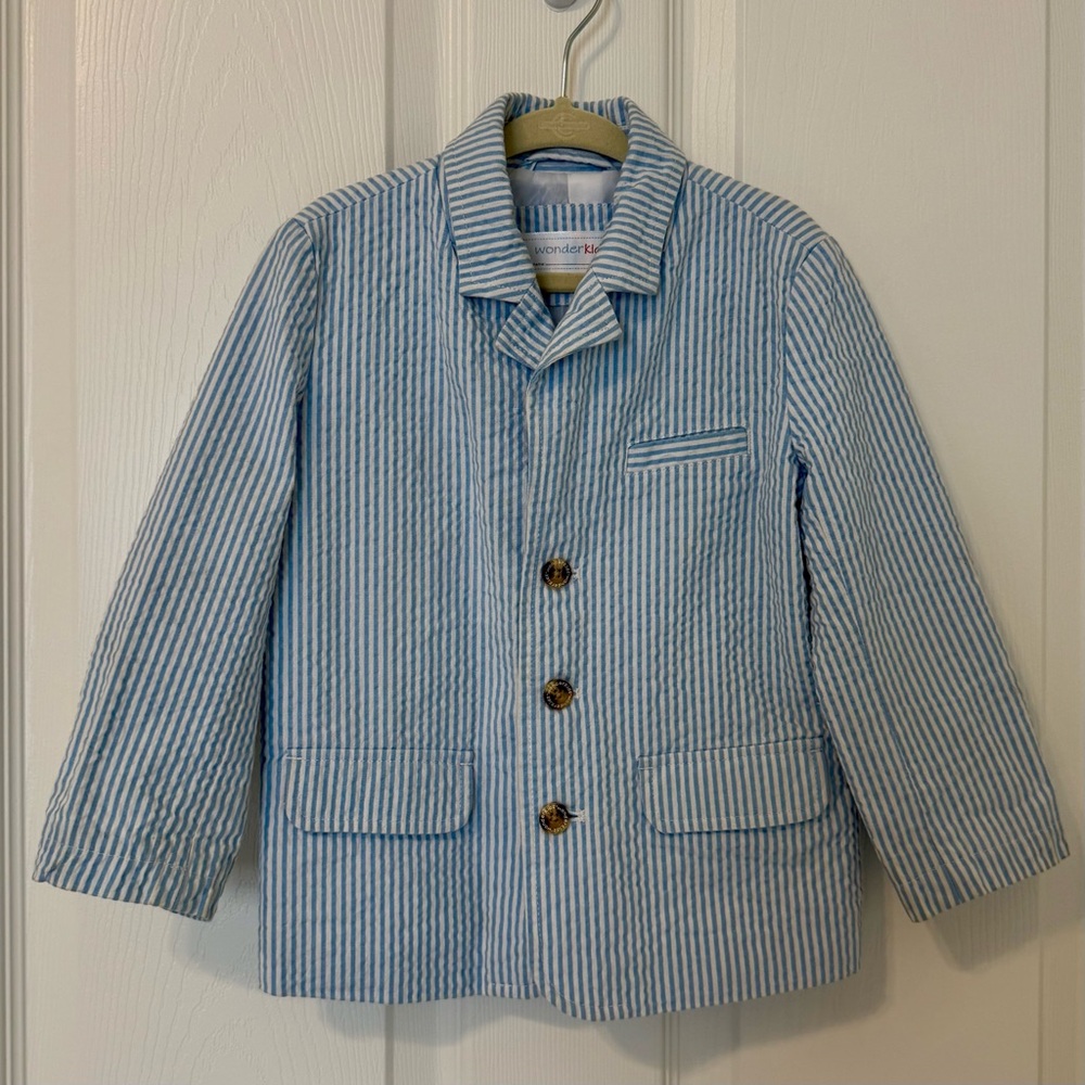 Wonderkids Blue and White Striped Kids Blazer with elbow patches.